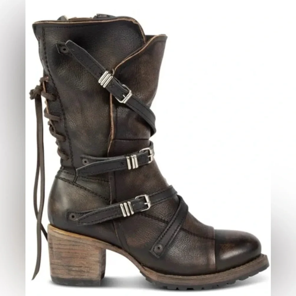 Freebird by Steven Steve Madden Cora Boho Distressed Buckle Lace Up Slouch Boots - Picture 5 of 7